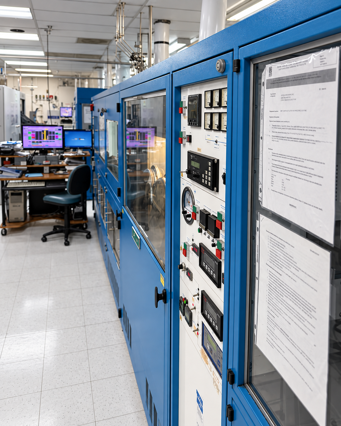 Blue MOCVD equipment and control panels in the AdTech laboratory